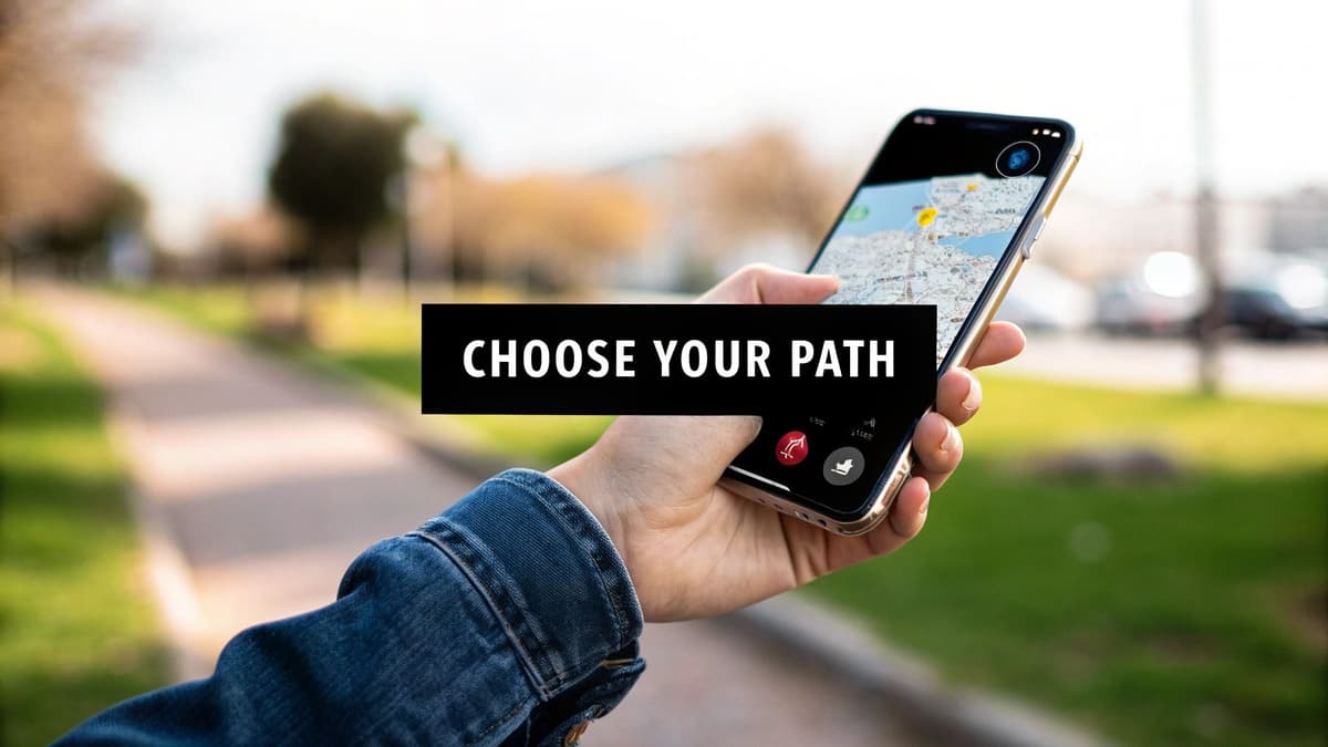 A hand holding an iPhone on a sunlit path, the screen showing a map and two choice buttons, captioned Choose Your Path