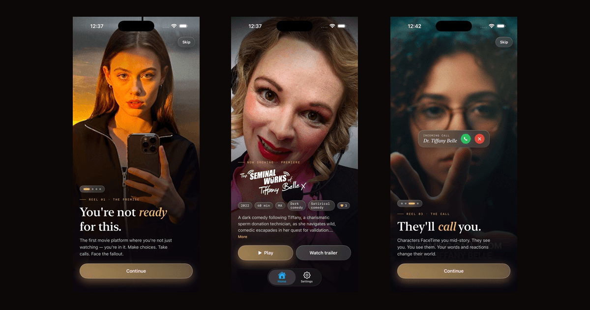 Three screens from the redesigned Treezy Play app, the onboarding reel, the Now Showing home screen, and an incoming call from Dr. Tiffany Belle