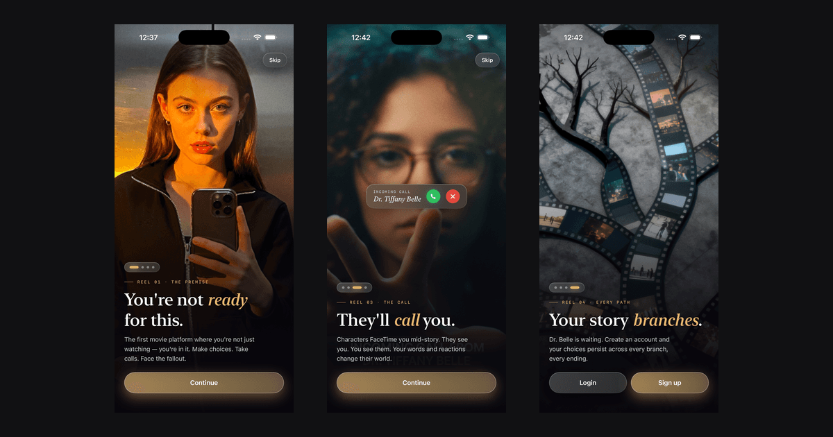 Treezy Play on iPhone, the premise reel, an incoming FaceTime call from Dr. Tiffany Belle, and the branching story tree